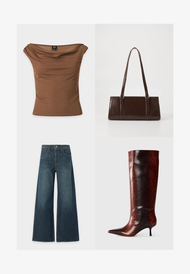 Brun tætsiddende top med bar skulder, med lette rynker ved halsudskæringen og BDG mærke indeni bag på kraven.; Blå bredbenede denimjeans med fem lommer, knaplukning og synlige brune syninger, vist fladt på en hvid baggrund.; Brune faux læder knæhøje støvler med spids tå, der har et struktureret leopardmønster og en slank, sort kittenhæl.; Brun lakeret håndtaske med rektangulær form, to lange håndtag og subtile buede detaljer på fronten.