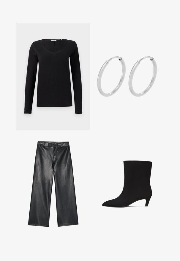 Schwarzes Longsleeve-T-Shirt mit V-Ausschnitt, aus weichem Stoff mit glatter Textur. Schlichte, klassische Passform ohne Verzierungen.; Schwarze Leder-Hose mit weiter Beinform, glatter Textur, Gürtelschlaufen und einem Reißverschluss vorne. Sie zeichnet sich durch eine lockere Passform und saubere Nähte aus.; Schwarze Knöchelschuh mit glatter, eleganter Textur, spitzem Zehenbereich und niedrigem Kittenheel. Nahtloses Design ohne sichtbare Beschläge oder Muster.; Silberne Creolen, kreisförmig, mit glatter, glänzender Oberfläche und gleichbleibender Breite. Minimalistisches Design ohne zusätzliche Akzente.