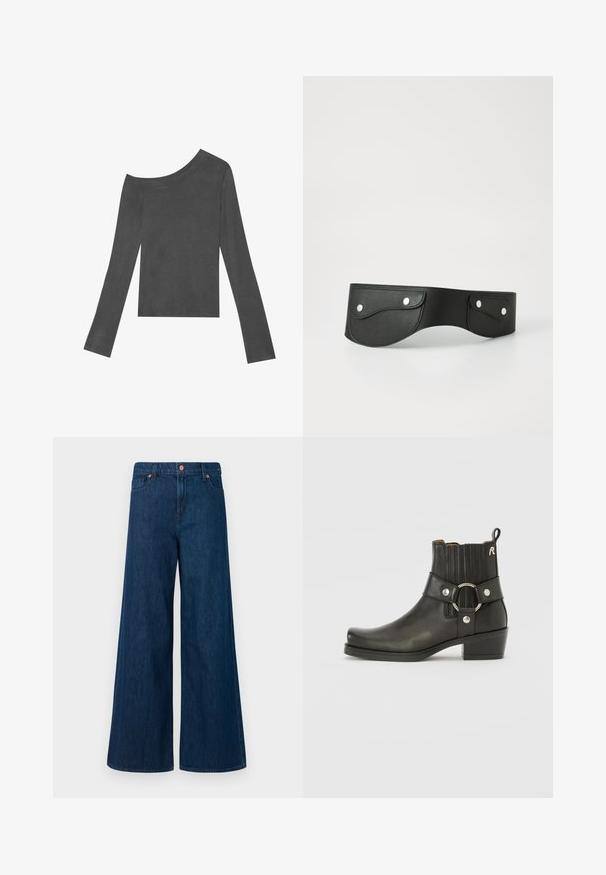 Grijze, lang mouwtop met een off-shoulder ontwerp. Gemaakt van zachte stof met een gladde textuur en een recht gesneden zoom.; Blauwe wijde denim jeans met knoopsluiting aan de voorkant, riemlussen en een vijf-pocket ontwerp op een witte achtergrond.; Zwarte leren enkelboot met een ronde neus, ribbelige elastische zijkanten, een metallic ringaccent en een lage blokhak.; Zwarte leren riem met twee ronde zakken, vastgezet met zilveren drukknoopjes. Glad oppervlak, licht gebogen ontwerp.
