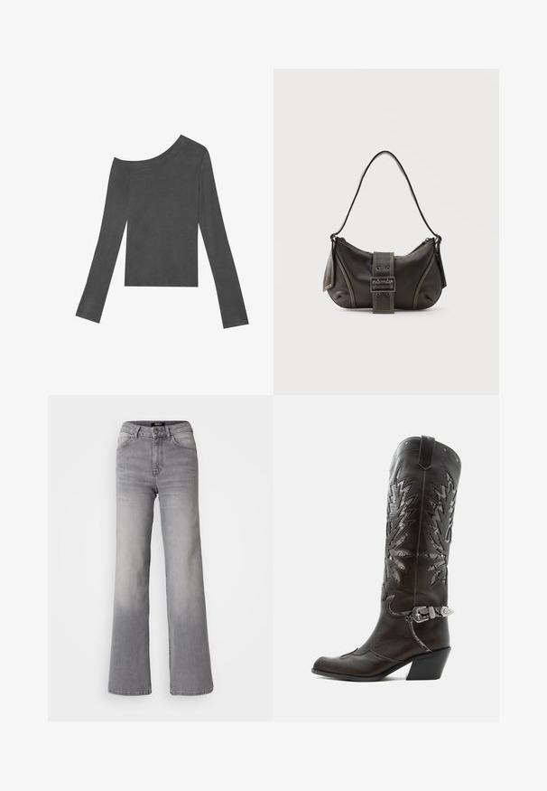 Grauer, langärmeliger Oberteil mit einem schulterfreien Design. Hergestellt aus weichem Stoff mit glatter Textur und einem geraden Saum.; Hochtaillierte graue Denim-Jeans mit geradem Bein, Frontknopf und Reißverschluss, Vorder- und Gesäßtaschen sowie ausgewaschenen Schattierungen an Oberschenkeln und Waden.; Schwarzer Leder-Cowboystiefel mit dekorativen Ausschnitten, silberner Schnalle und schräger Ferse, auf weißem Hintergrund dargestellt.; Schwarze Leder-Schultertasche mit Schnallengurt-Detail, abgerundeten Kanten und kontrastierenden weißen Nähten auf schlichtem Hintergrund.