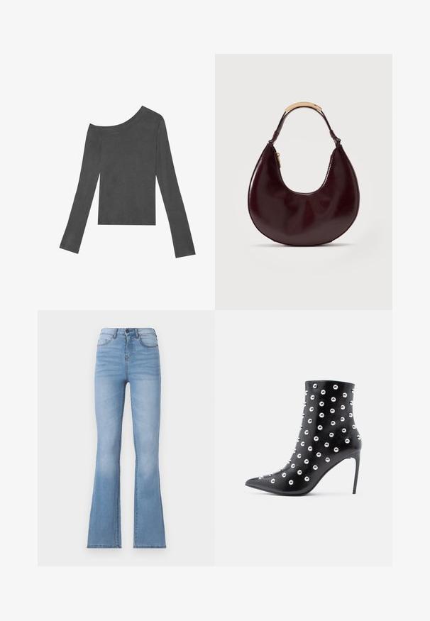 Grauer, langärmeliger Oberteil mit einem schulterfreien Design. Hergestellt aus weichem Stoff mit glatter Textur und einem geraden Saum.; Hellblaue High-Waist-Jeans aus Denim mit ausgestelltem Bein, vorne mit Taschen, einem Papieretikett und einer Nahtverarbeitung entlang der Nähte.; Schwarzer Knöchelstiefel aus strukturiertem Leder, mit silbernen Nietenverzierungen, spitzer Zehenpartie und Stiletto-Absatz.; Dunkelbraune, halbmondförmige Ledertasche mit kurzem Griff, der eine goldfarbene Metallbacke und einen Seitenreißverschluss aufweist.