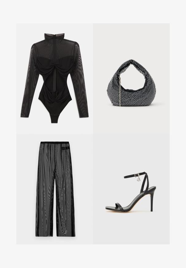 Schwarzer Bodysuit mit langen, durchsichtigen Mesh-Ärmeln, hohem Kragen, drapierter Vorderseite und tailliertem Oberteil. Wird an der Unterseite mit Druckknöpfen geschlossen.; Schwarze Netz-Hosen mit weitem Bein, ausgestattet mit einem schwarzen elastischen Bund und seitlichen Einschubtaschen. Strukturierter, leichter Stoff.; Schwarze High-Heel-Sandale mit schmalem Knöchelriemen, quadratischer Zehenbox, glattem Leder und metallischem Schnallenakzent.; Schwarze Netz-Handtasche verziert mit silbernen Nieten, mit einem gebogenen Griff und einem Kettenriemen. Weiche Textur mit runder Form.