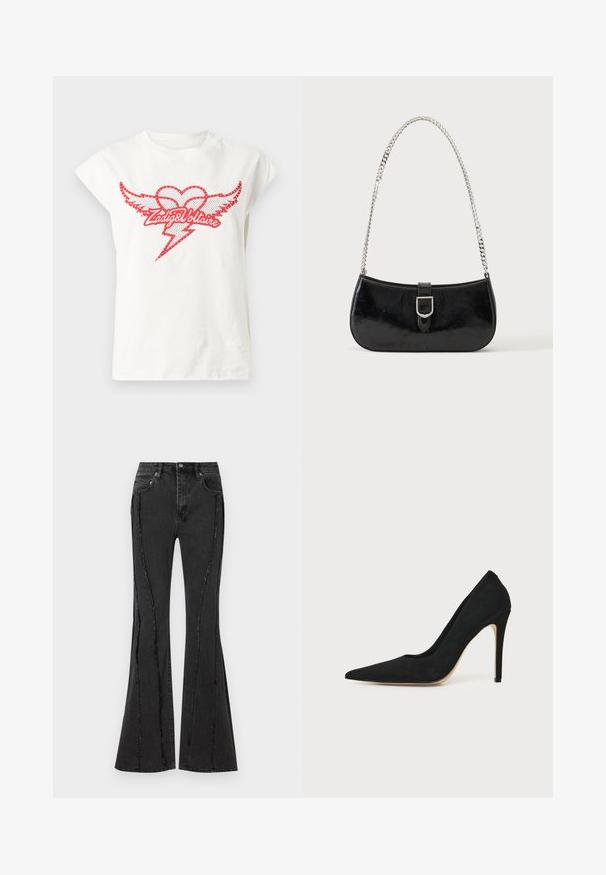Witte katoenen t-shirt met korte kapmouwen met een rood grafisch ontwerp van een hart met vleugels en een bliksemschicht, omringd door studs.; Uitlopende zwarte denimjeans met een versleten ontwerp en zichtbare stikseldetails. Voorzien van vijf zakken en een knoopsluiting in de taille.; Zwarte hoge hakken stiletto pump met spitse neus en een gladde structuur, zijaanzicht op een effen lichte achtergrond.; Zwarte lakleren schoudertas met een zilveren gespdetail en een zilveren kettingriem, getoond tegen een effen lichte achtergrond.