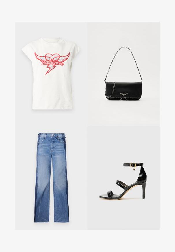 Witte katoenen t-shirt met korte kapmouwen met een rood grafisch ontwerp van een hart met vleugels en een bliksemschicht, omringd door studs.; Denim jeans met een wijde pijp, twee tonen blauw stof met onderscheidende kleursecties, een middelhoge taille en standaard vijf-pocketstijl.; Zwarte gepatineerde leren sandaal met drie banden, enkelgesp en 10 cm hoge stiletto hak. Bevat gouden hardwaredetails en een logo charm.; Zwarte leren handtas met een zilveren kettingband, voorzien van decoratieve vleugelaccenten en witte stiksels langs de onderste naad.