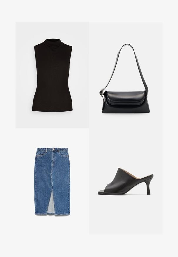 Sort ærmeløs turtleneck-top i ribbet stof med høj hals og tætsiddende silhuet. Ingen mønstre eller detaljer.; Blå denim midi-nederdel med frontslids, bæltestropper, knapper foran, lynlåslukning og to forlommer, lagt fladt på hvid baggrund.; Selected ASHLEY - Mules med hæl - black; Sort læderhåndvask med en struktureret form, en glat overflade og en enkelt skulderrem. Har et subtilt, rundet klapdesign.