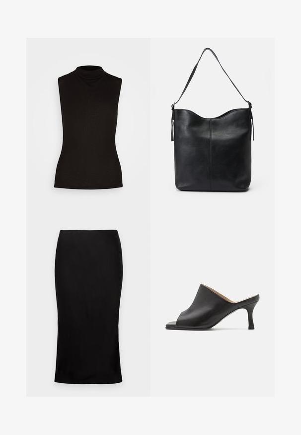 Sort ærmeløs turtleneck-top i ribbet stof med høj hals og tætsiddende silhuet. Ingen mønstre eller detaljer.; Sort, tætsiddende midi-nederdel med en glat tekstur, detaljer med sideslids og en klassisk talje. Designet til en elegant silhuet.; Selected ASHLEY - Mules med hæl - black; Sort læder skuldertaske med en glat tekstur, rund top, enkelt strop og minimalistisk design uden synligt hardware.