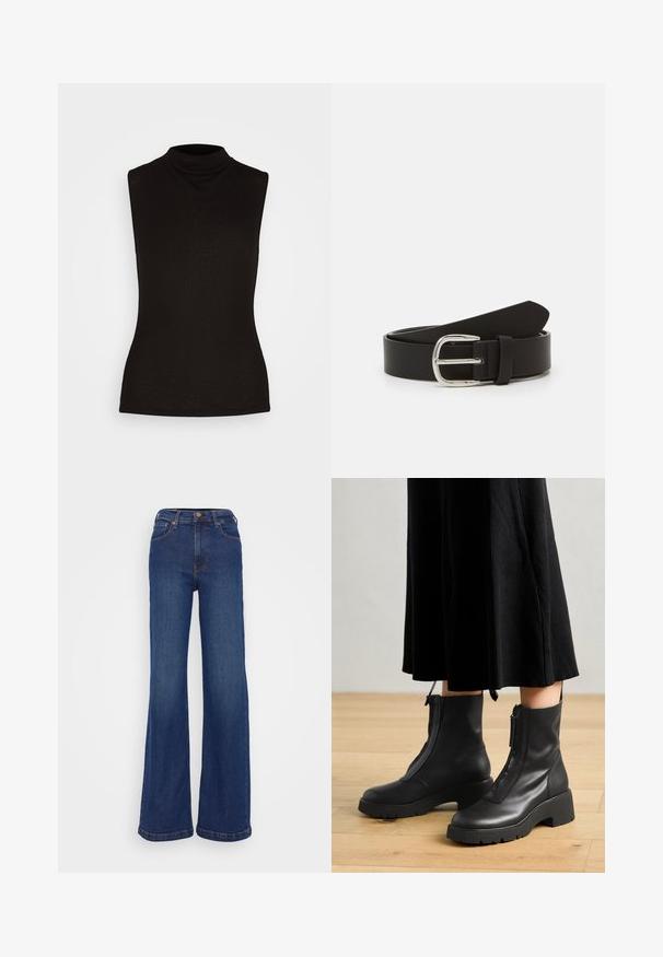 Top sin mangas de tortuga negro hecho de una tela acanalada, con un cuello alto y una silueta ajustada. Sin patrones ni acentos.; Pantalones vaqueros de pierna ancha fabricados en denim azul oscuro. Presentan una cintura alta, diseño de cinco bolsillos y costuras sutiles en las costuras.; Botas de tobillo de cuero negro con suela de plataforma gruesa y cremallera delantera. Textura suave con un diseño minimalista.; Cinturón de cuero negro con una textura suave, que presenta una hebilla de metal plateada y un extremo estrechado. Diseño simple y clásico.