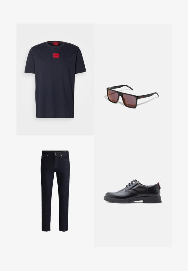 Zwarte katoenen T-shirt met korte mouwen, voorzien van een rood vierkant logo met het label "HUGO" op de borst. Klassiek design met ronde hals.; Donkerblauwe denim jeans met een slim fit, gekenmerkt door contrasterende oranje stiksels, vijf zakken en een knoopsluiting op de taille.; Zwarte leren veter schoenen met een gladde textuur, ronde neus en subtiel stiksel detail. Voorzien van een rode trekband op de hiel.; Zwarte rechthoekige zonnebril met donkerrode glazen, voorzien van een matte afwerking en een rood logo op de slapen. Stevig plastic frame.