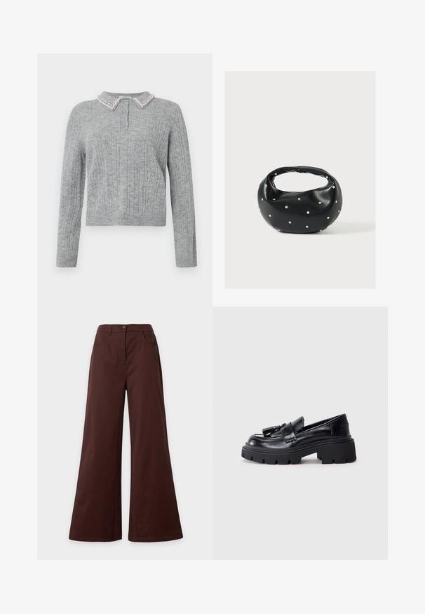 Lys grå strikket sweater med lange ærmer, tre knapper ved brystet og en krave dekoreret med perler.; Brune bukser med vide ben, forreste knap og lommer, vist på en ensfarvet lys baggrund.; Sorte læder loafers med en klumpet, bølget sål, der har en dekorativ kvast på forsiden og en glat, blank overflade.; Sort læderhåndtaske med en rundet form, dekoreret med sølvnitter, og et kort håndtag. Glat tekstur og lynlåslukning.