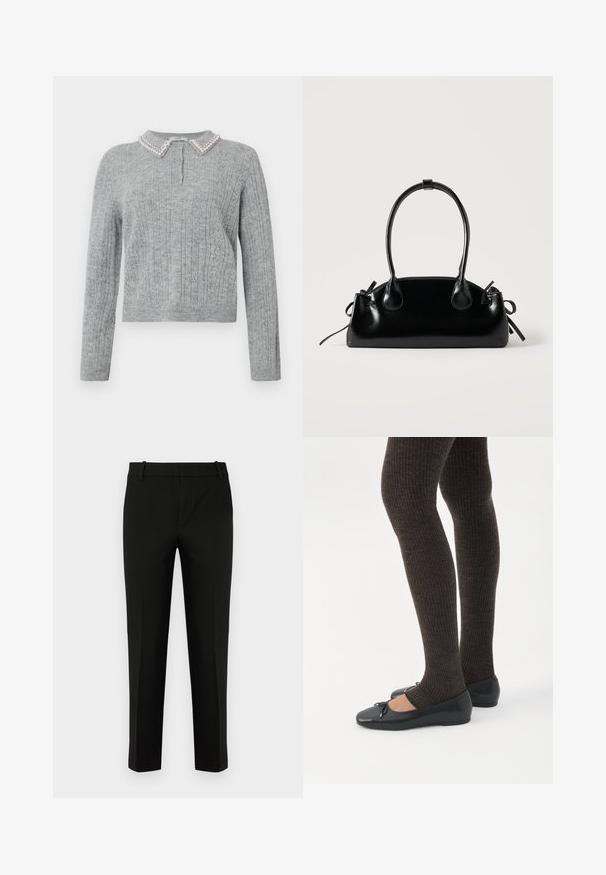 Pull en tricot gris clair avec des manches longues, trois boutons au niveau de la poitrine, et un col orné de perles.; Pantalons noirs à coupe slim, avec un devant plat, des poches latérales et une texture lisse. Conçus avec une taille mi-haute et des jambes fuselées.; Jambes portant des leggings côtelés foncés associés à des ballerines noires avec de petits détails en nœud sur fond blanc.; Petit sac à main noir brillant avec deux longues anses et des détails à cordon sur les côtés sur un fond clair uni.