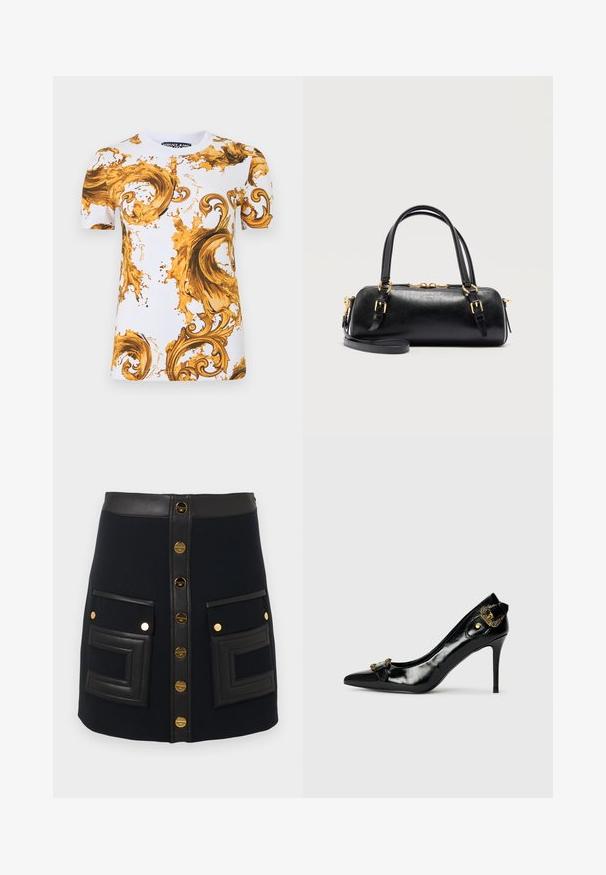 Valge lühikeste varrukatega Versace Jeans t-särk kuldsete ja pruunide barokkstiilis keerutuste ja laikude ornamentidega.; Must noir A-line seelik, millel on kuldsed nööbid ees, kunstnahast vöökoht ja suured paigatud taskud, millel on geomeetrilised õmblused.; Musta lakknahast kõrge kontsaga king, terava varbaga, ees kaunistusena paelte tegemine ja taga dekoratiivne kuldtoonist detail.; Mustast nahast ristkülikukujuline käekott kuldsete pandlatega, kahekordsete käepidemetega, eemaldatava õlarihma ja tõmblukuga valgel taustal.