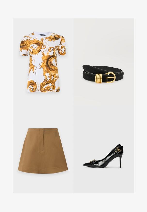 Camiseta blanca de manga corta de Versace Jeans con elaborados patrones barrocos en tonos dorados y marrones en forma de remolinos y salpicaduras.; Falda marrón con una silueta acampanada, hecha de una tela suave. Presenta una cinturilla simple y un detalle de costura en la parte posterior.; Zapato de tacón alto de charol negro con punta afilada, detalle de lazo en la parte frontal y un acento decorativo de hardware en tono dorado en la parte trasera.; Cinturón con textura de pelo negro enrollado con hebilla de metal dorado y cuatro pasadores dorados sobre un fondo blanco.