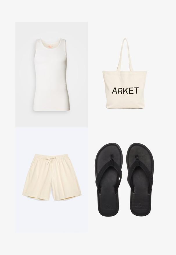Top sin mangas blanco con ribetes, de escote redondeado y tirantes anchos. Textura suave y diseño ajustado.; Pantalones cortos color crema hasta la rodilla con cintura elástica y cordón, con bolsillos laterales, colocados planos sobre un fondo claro.; Chanclas negras hechas de material suave, con una tira estilo thong, planta texturizada y logo en relieve en la suela.; Bolsa tote de lona beige con asas largas y texto negro "ARKET" impreso en el frente.