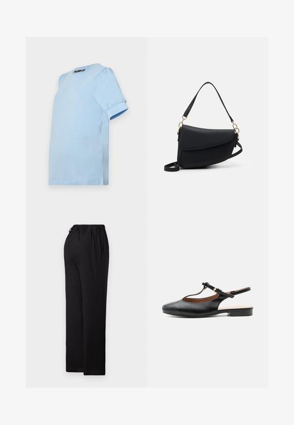 Vero Moda Maternity VMMKERRY O NECK - T-shirt basique - dutch canal; Pantalons noirs à coupe décontractée en tissu léger. Dotés d'une taille élastique avec cordon de serrage, d'une coupe droite et d'un ourlet plat.; Chaussure plate slingback en cuir noir avec bride en T et boucle dorée sur fond neutre.; Sac à main en cuir noir avec une finition texturée, doté d'une seule bandoulière et d'accents en métal doré. Le design est élégant et minimaliste.