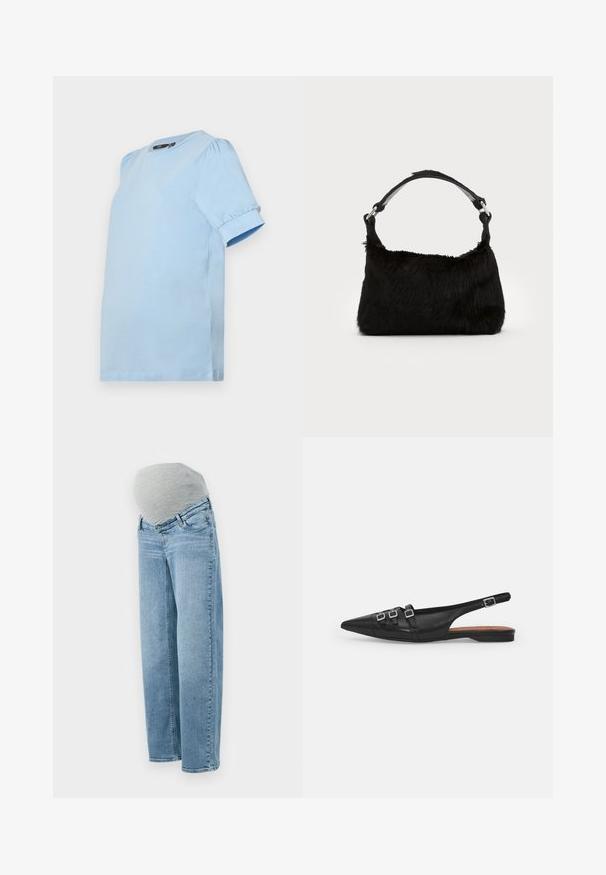 Vero Moda Maternity VMMKERRY O NECK - Základné tričko - dutch canal; Tehotenské džínsy svetlo modrej farby, vo voľnom strihu, s šedým elastickým pásom na bruško pre pohodlie a flexibilitu počas tehotenstva.; Čierne kožené baleríny so špicatou špičkou, s dvoma horizontálnymi popruhmi a hranatými striebornými prackami, nízkym opätkom a hladkým povrchom.; Čierna kabelka z umelého kožušiny s jemnou textúrou, zaobleným tvarom a pevným čiernym koženým ramenným popruhom. Viditeľné akcenty zo strieborného kovu.