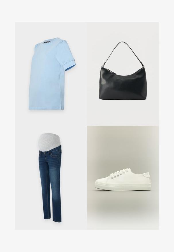 Vero Moda Maternity VMMKERRY O NECK - Lihtne T-särk - dutch canal; Tumed sinised rasedusjeansid elastse halli kõhupandi ja kitsas lõikega, esikottide ning õmblusdetailidega.; Valge madala säärega toss valgete paelte ja kummist tallaga, külgvaates neutraalsel taustal.; Mustast tekstuuriga nahast õlakott, millel on kaarjas ülaosaga tõmblukk ja üks reguleeritav rihm, taustaks on ühtlane pind.