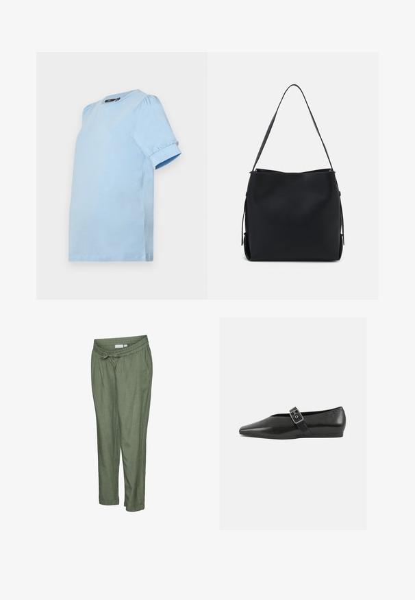 Vero Moda Maternity VMMKERRY O NECK - T-shirt basique - dutch canal; Pantalon léger de couleur vert olive avec une coupe décontractée. Caractérisé par une taille élastique avec cordon de serrage, des ourlets retroussés et des poches latérales.; Chaussure plate en cuir noir avec un orteil pointu, présentant une sangle à boucle métallique sur le cou-de-pied et une semelle basse et flexible.; Pieces PCBONY - Sac à main - black
