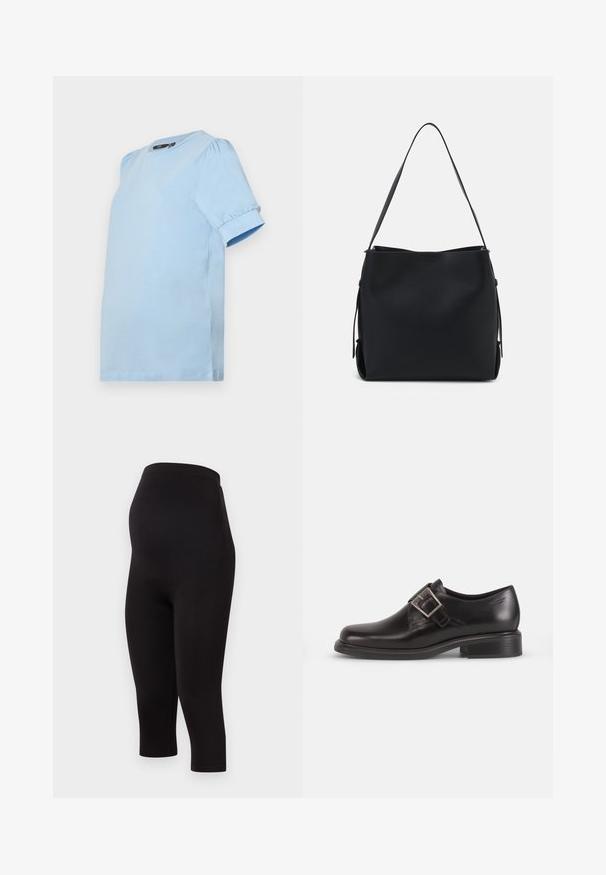 Vero Moda Maternity VMMKERRY O NECK - Základné tričko - dutch canal; Čierne tehotenské legíny s vysokým pásom, vyrobené z elastického, hladkého materiálu. Dlhý, bezšvový dizajn bez ozdôb.; Čierne kožené obuv s okrúhlou špičkou, bočným prackovým detailom a textúrovanou podrážkou, umiestnené na jednoduchom bielom pozadí.; Pieces PCBONY - Kabelka - black