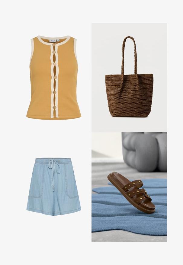 Top sin mangas de color mostaza con textura acanalada y ribete blanco, con seis botones decorativos dorados en forma de sol en el centro delantero.; Pantalones cortos de mezclilla azul claros con cintura elástica, detalles de lazo, dos bolsillos frontales y acentos de costura.; Sandalia tipo chancla marrón con tres tiras tachonadas descansando sobre una alfombra azul texturizada y un objeto escultórico gris en el fondo.; Bolso tote marrón tejido con dos asas trenzadas, cuerpo rectangular y parte superior abierta, sobre un fondo liso y claro.