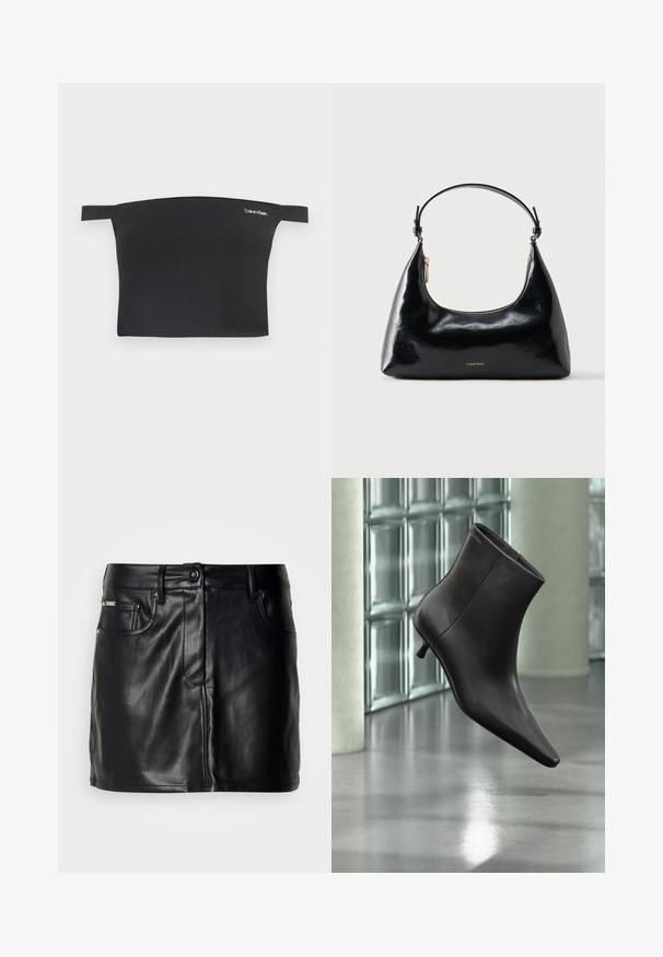 Čierny crop top s dizajnom bez ramienok, vyrobený z hladkej látky. Má úzke ramienka a malú bielu značku Calvin Klein na prednej strane.; Čierna kožená mini sukňa s prispôsobeným strihom, so vstavanými prednými vreckami, zapínaním na gombík a hladkým povrchom.; Čierna kožená členková obuv s ostrou špičkou a nízkym podpätkom, zobrazená na pozadí steny zo sklenených blokov a leštenej podlahy.; Čierna lesklá kabelka Calvin Klein so zlatým zipsom a krátkym remienkom na bielom pozadí.