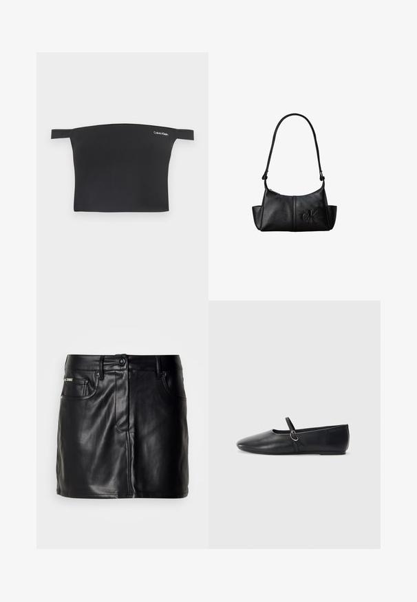 Must have korvade top õlgadelt avatud kujundusega, valmistatud sileda kangast. Omab kitsaid rihmasid ja väikest valget Calvin Kleini logo ees.; Mustast nahast mini seelik, millel on kohandatud disain, ees on taskud, nööpkinne ja sile pind.; Mustadest nahast balletitaldud, millel on terav nina, lame tald ja väike rihm koos hõbedase detailiga.; Mustast nahast õlakott pika sangaga, küljetaskute ja esiküljele pressitud Calvin Kleini logoga.