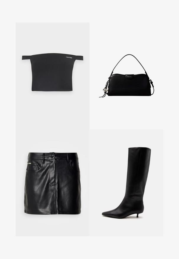 Sort crop top med off-shoulder design, fremstillet af glat stof. Har smalle stropper og et lille hvidt Calvin Klein-logo på forsiden.; Sort læder mini-nederdel med skræddersyet design, der har forlommer, knaplukning og en glat overflade.; Sort læder knæhøj støvle med spids snude og lav kittenhæl mod en ensfarvet lys baggrund.; Sort rektangulær Calvin Klein håndtaske med enkelt toprem, sølvlogo vedhæng og lille klaplukning foran.