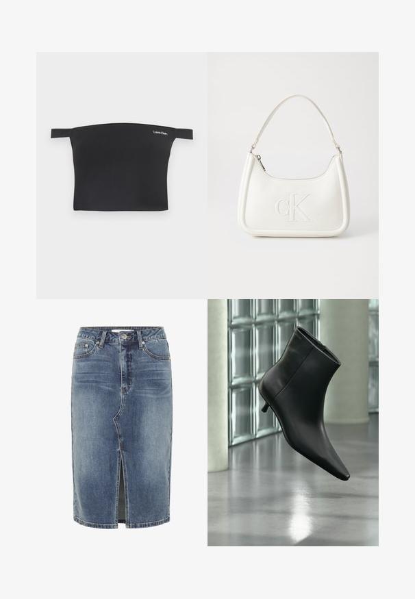 Top corto negro con diseño de hombros al aire, hecho de una tela suave. Presenta tirantes delgados y un pequeño logo blanco de Calvin Klein en la parte delantera.; Falda de mezclilla azul hasta la rodilla con una abertura en el centro delantero, diseño de cinco bolsillos y cierre de botón en la cintura.; Botín negro de cuero con punta puntiaguda y tacón bajo estilo kitten, mostrado en ángulo sobre un suelo pulido y con una pared de bloques de vidrio de fondo.; Bolso de mano de cuero blanco con forma curvada, con un logo "CK" en relieve en la parte delantera y una sola correa para el hombro. Cierre de cremallera en la parte superior.