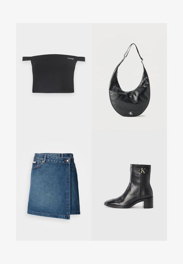 Sort crop top med off-shoulder design, fremstillet af glat stof. Har smalle stropper og et lille hvidt Calvin Klein-logo på forsiden.; Denim nederdel i mellemblå med wrap-design, der har en knap- og lynlåslukning, samt synlig stikning langs kanten.; Sort læder ankelstøvle med spids tå, blokhæl og en rem med en metallisk logo detalje. Glat tekstur og minimalistisk design.; Sort læder skuldertaske i halvmåneform med justerbar rem og sølvfarvet "cK"-logo foran, mod hvid baggrund.
