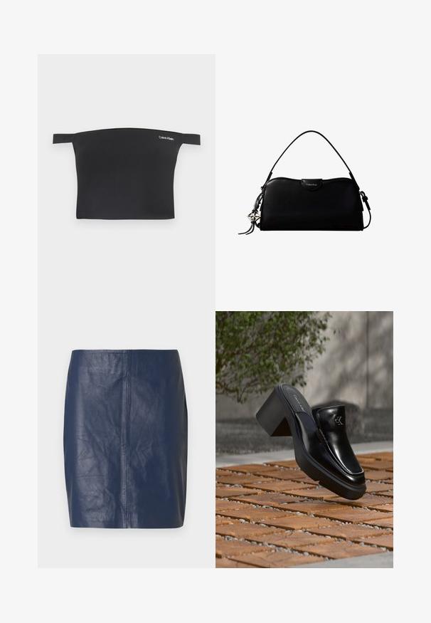Zwarte crop top met off-shoulder ontwerp, gemaakt van een gladde stof. Bevat smalle bandjes en een klein wit Calvin Klein-logo aan de voorkant.; Minirok van navyblauw leer met een gladde textuur, rechte snit en minimale stikdetails aan de zijkanten.; Zwarte leren Calvin Klein slip-on mule met blokhak rustend op houten tegels buiten, vlak bij een groene plant en een grijze muur.; Zwarte rechthoekige Calvin Klein handtas met enkele bovenriem, zilveren logo-ornament en een kleine klepsluiting aan de voorkant.