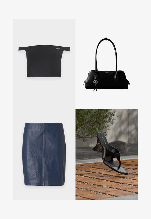 Schwarzes Cropped-Top mit schulterfreiem Design, aus glattem Stoff. Verfügt über schmale Träger und ein kleines weißes Calvin Klein-Logo auf der Vorderseite.; Marineblauer Minirock aus Leder mit glatter Textur, geradem Schnitt und minimalen Nahtdetails an den Seiten.; Schwarze Calvin Klein Riemchensandale mit Absatz, schwebend über einer gefliesten Außenfläche mit Grünpflanzen und einer Betonwand im Hintergrund.; Schwarze Lederhandtasche von Calvin Klein mit langen Henkeln, einem vorderen Logo-Tag und einem silbernen geometrischen Anhänger, der an einem Henkel hängt.