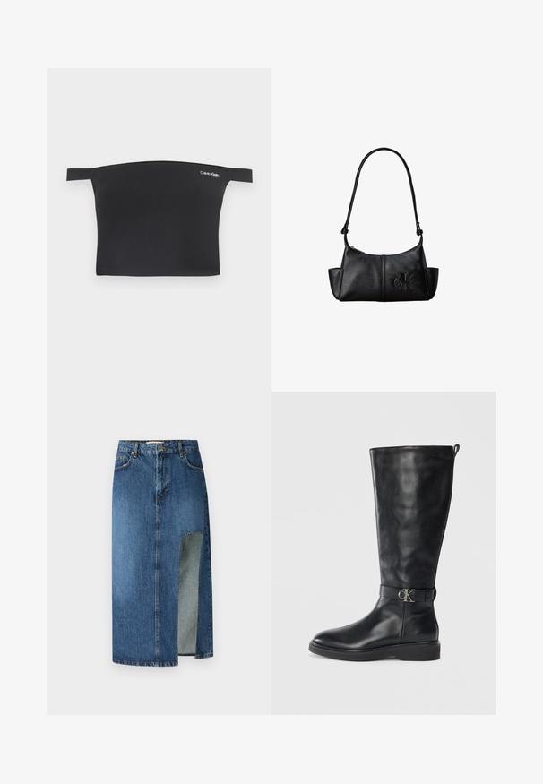 Must have korvade top õlgadelt avatud kujundusega, valmistatud sileda kangast. Omab kitsaid rihmasid ja väikest valget Calvin Kleini logo ees.; Keskmise sinise denimpadiotega seelik sirge lõike ja külgsihiga. Omab klassikalist viie tasku disaini ja vöökohati, nähtava õmblusega.; Must muste kõrgsaapad, madala kandiga, ümarate varvastega ja metallist "CK" logo buckl strapiga pahkluude ümber.; Mustast nahast õlakott pika sangaga, küljetaskute ja esiküljele pressitud Calvin Kleini logoga.