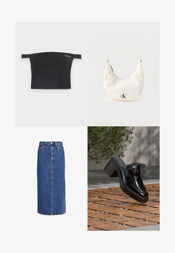 Sort crop top med off-shoulder design, fremstillet af glat stof. Har smalle stropper og et lille hvidt Calvin Klein-logo på forsiden.; Denim midi nederdel i mellemblå med lige snit, forkant knaplukning, to sidelommer og synlige sømme for struktur.; Sort læder Calvin Klein slip-on mule med blokhæl, der hviler på trætøj udendørs nær en grøn plante og en grå væg.; Lille hvid halvmåneformet håndtaske med kort rem, lynlås og sort "cK"-logo foran.