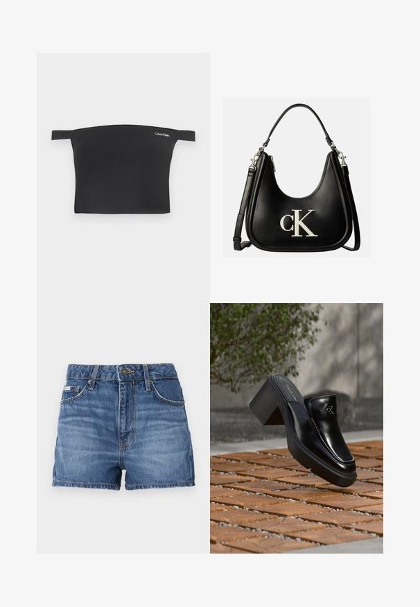 Čierny crop top s dizajnom bez ramienok, vyrobený z hladkej látky. Má úzke ramienka a malú bielu značku Calvin Klein na prednej strane.; Džínové šortky v stredne modrej farbe, s dizajnom piatich vreciek, pútka na opasok a poškodeným lemom. Štandardné zapínanie na gombík a zips.; Čierne kožené šľapky Calvin Klein s blokovým podpätkom, ktoré oddychujú na drevených dlaždiciach vonku blízko zelenej rastliny a šedej steny.; Čierna kožená kabelka so strieborným logom "cK" na prednej strane, s krátkym uchom a dlhším nastaviteľným ramenným popruhom.
