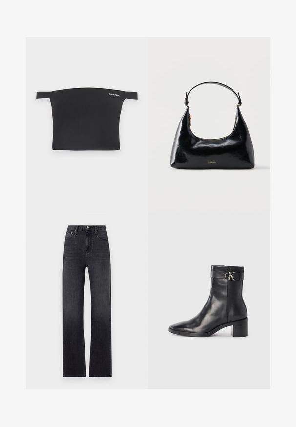 Sort crop top med off-shoulder design, fremstillet af glat stof. Har smalle stropper og et lille hvidt Calvin Klein-logo på forsiden.; Sorte lige jeans lavet af denim, med høj talje, fem lommer og en lynlås i front med knaplukning. Let slidte vaske.; Sort læder ankelstøvle med spids tå, blokhæl og en rem med en metallisk logo detalje. Glat tekstur og minimalistisk design.; Sort blank Calvin Klein håndtaske med gyldent lynlås og kort rem mod en ensfarvet hvid baggrund.