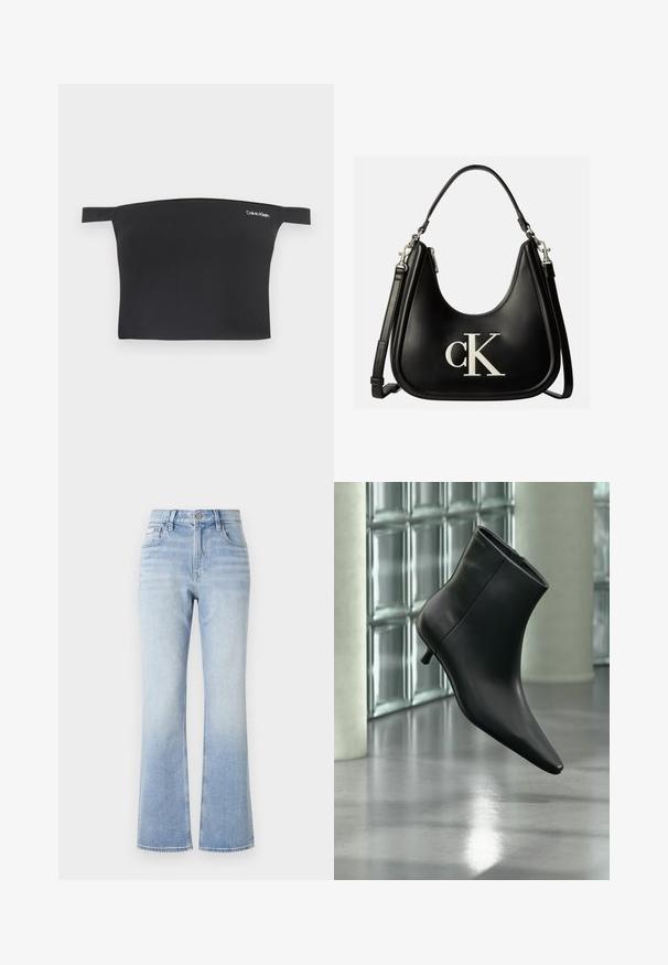 Top corto negro con diseño de hombros al aire, hecho de una tela suave. Presenta tirantes delgados y un pequeño logo blanco de Calvin Klein en la parte delantera.; Jeans acampanados de mezclilla azul claro con cintura alta, costuras en contraste, bolsillos frontales y un sutil efecto de desgaste hacia el dobladillo.; Botín negro de cuero con punta puntiaguda y tacón bajo estilo kitten, mostrado en ángulo sobre un suelo pulido y con una pared de bloques de vidrio de fondo.; Bolso de mano de cuero negro con logo plateado "cK" en el frente, con asa corta y correa de hombro ajustable más larga.