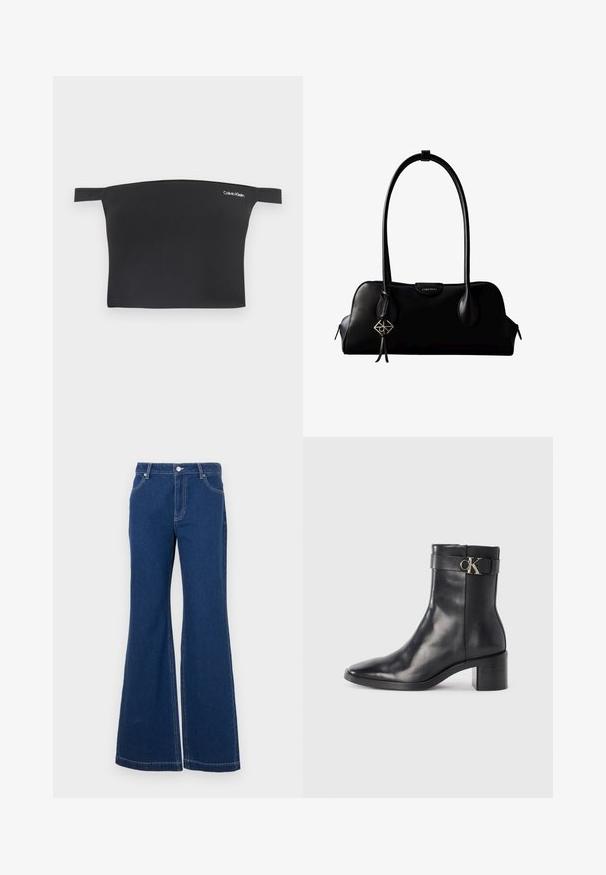 Čierny crop top s dizajnom bez ramienok, vyrobený z hladkej látky. Má úzke ramienka a malú bielu značku Calvin Klein na prednej strane.; Tmavomodré rozšírené džínsy vyrobené z denimu. Vlastnosti zahŕňajú pútka na opasok, predné vrecká a kontrastné šitie. Široký otvor nohavíc.; Čierne kožené členkové čižmy s špicatou špičkou, blokovým podpätkom a pásikom s kovovým logom. Hladká textúra a minimalistický dizajn.; Čierna kožená kabelka Calvin Klein s dlhými rúčkami, prednou značkou s logom a strieborným geometrickým príveskom visiaci na jednej rúčke.