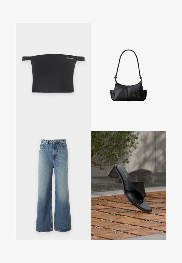 Čierny crop top s dizajnom bez ramienok, vyrobený z hladkej látky. Má úzke ramienka a malú bielu značku Calvin Klein na prednej strane.; Svetlomodré džíny s vysokým pásom, širokým strihom, s miernym zošúchaním a kontrastným prešívaním; majú predné vrecká a zapínanie na gombík.; Čierna sandála Calvin Klein na podpätku s prstovou slučkou na drevenej dlažbe vonku pri strome a kamennom múre.; Čierna kožená taška cez rameno s dlhým popruhom, bočnými vreckami a vystúpeným logom Calvin Klein vpredu.