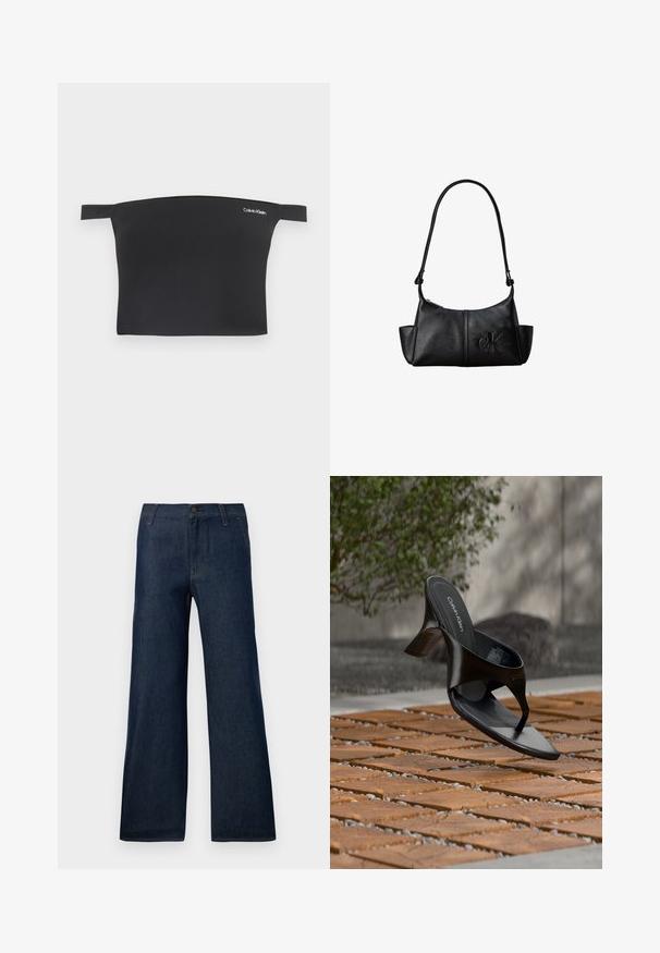 Sort crop top med off-shoulder design, fremstillet af glat stof. Har smalle stropper og et lille hvidt Calvin Klein-logo på forsiden.; Mørkeblå bukser med brede ben lavet af denim, med et klassisk fem-lommen design, knaplukning og subtile syninger.; Sort Calvin Klein hæl-sandal med åben tå, der svæver over en udendørs flisebelagt overflade med grønne planter og en betonvæg i baggrunden.; Sort læder skuldertaske med lang rem, sidelommer og præget Calvin Klein-logo på fronten.