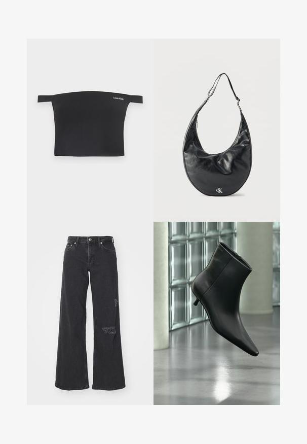 Top corto negro con diseño de hombros al aire, hecho de una tela suave. Presenta tirantes delgados y un pequeño logo blanco de Calvin Klein en la parte delantera.; Vaqueros de mezclilla negra de pierna ancha con detalles desgastados en la parte inferior de la pierna derecha. Cuenta con un cierre de botón clásico y diseño de cinco bolsillos.; Botín negro de cuero con punta puntiaguda y tacón bajo estilo kitten, mostrado en ángulo sobre un suelo pulido y con una pared de bloques de vidrio de fondo.; Bolso de cuero negro en forma de media luna con correa ajustable y logotipo plateado "cK" en el frente, sobre fondo blanco.