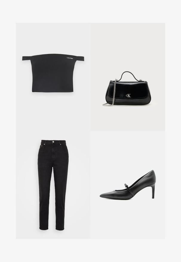 Sort crop top med off-shoulder design, fremstillet af glat stof. Har smalle stropper og et lille hvidt Calvin Klein-logo på forsiden.; Sorte højtaljede slim-fit jeans med frontknap, bæltesløjfer og fem-lomme design på hvid baggrund.; Sort læderspids højhælede sko med tynd rem og spænde over vristen, stående på en neutral lys baggrund.; Sort læderhåndtaske med en kædestrop, struktureret form og et sølvlogo. Glat overflade med flaplukning.