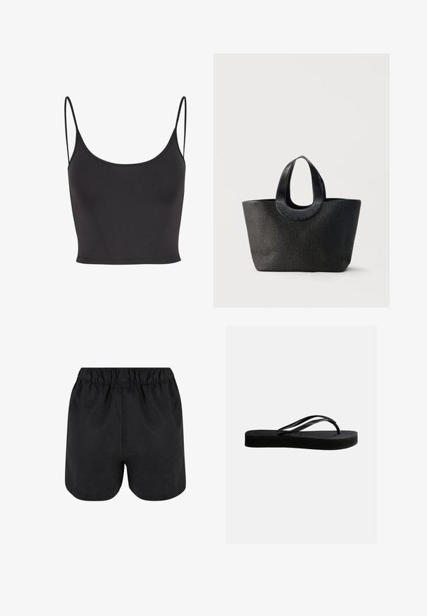 Crop top noir sans manches en tissu lisse. Présente des bretelles spaghetti fines et un décolleté plongeant, avec une coupe ajustée.; Shorts noirs avec une taille élastique. Tissu doux, design simple et ourlet légèrement arrondi en bas. Pas de motifs ou de logos visibles.; Tongs en caoutchouc noir avec semelle texturée et bride en forme de Y, vues de côté sur un fond clair uni.; Sac cabas noir texturé avec de larges poignées arrondies présentant le nom de la marque embossé "Samsøe Samsøe" sur fond neutre.