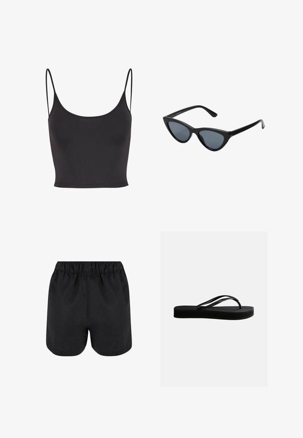 Sort, ærmeløs crop top lavet af glat stof. Har tynde spaghetti-stropper og en scoop halsudskæring, med en tætsiddende pasform.; Sorte shorts med elastisk talje. Blødt stof, enkelt design og let afrundet kant nederst. Ingen synlige mønstre eller logoer.; Sort gummiflipflop med tekstureret sål og Y-formet rem, vist i sideprofil mod en ensartet lys baggrund.; Sorte katteøje solbriller med mørkegrå linser, slankt plastisk stel, spidse hjørner og lige stænger. Ingen synlig hardware eller dekorationer.