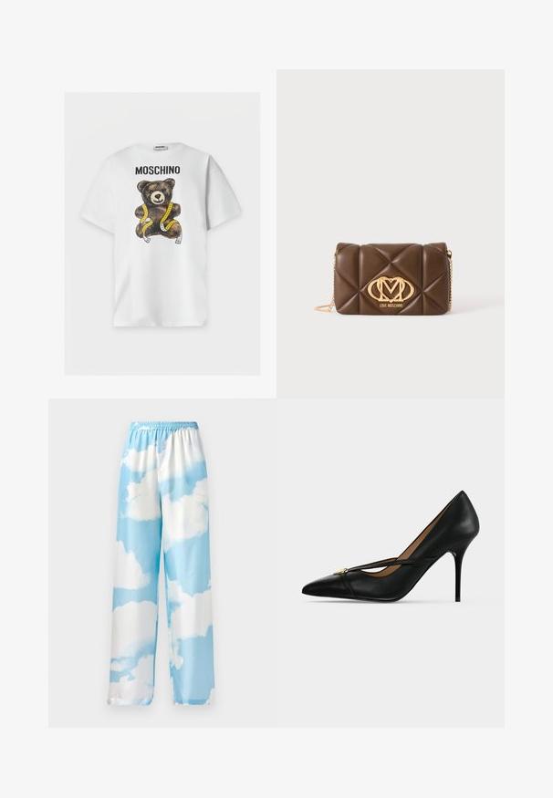 Hvid T-shirt med korte ærmer med teksten "MOSCHINO" og en brun tøjdims viklet ind i et gult målebånd på fronten.; Himmelblå bukser med sky-mønster, lavet af glat stof, med en elastisk talje og brede ben. Ingen synlige lommer eller hardware.; Sort læder højhælet sko med spids tå og slank rem over toppen, fastgjort med en lille guldbælte på ensartet baggrund.; Brun quiltet læder skuldertaske med guldkæde-rem og guld Love Moschino-logo foran i midten.