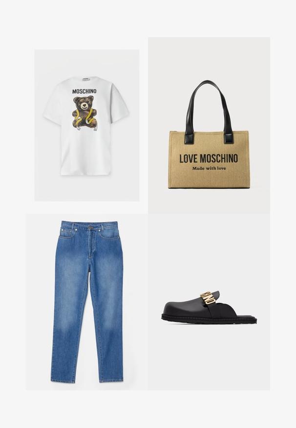T-shirt blanc à manches courtes avec le texte "MOSCHINO" et un ours en peluche marron enveloppé dans un ruban à mesurer jaune à l'avant.; Jean en denim bleu avec une coupe droite, cinq poches, accents en métal doré et décoloration subtile près des genoux.; Sabot noir à enfiler avec talon ouvert et lettrage "HINO" doré sur la bride supérieure, semelle en caoutchouc plate, vue de côté sur fond blanc.; Sac fourre-tout beige texturé avec des poignées en cuir noir, présentant l'inscription "LOVE MOSCHINO Made with love" imprimée sur le devant.