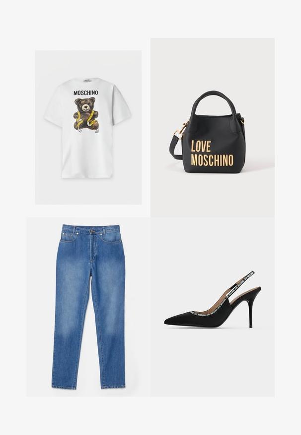 Valge lühikeste varrukatega T-särk tekstiga "MOSCHINO" ja pruun kaisukaruga, mis on kollase mõõdulindiga mähitud ees.; Sinine denimist teksapüksid sirge jala lõikega, viie taskuga, kuldsete detailide aktsentidega ja õrn fadeefektiga põlvede lähedal.; Mustad terava varbaga slingback kõrge kontsaga kingad, õhukese kontsaga ja "LOVE MOSCHINO" tekstiga rihmal ning serval.; Must Moschino käekott kuldsete tähtedega, lühikeste sangade ja eemaldatava õlarihmaga ühtlase hele taustaga.