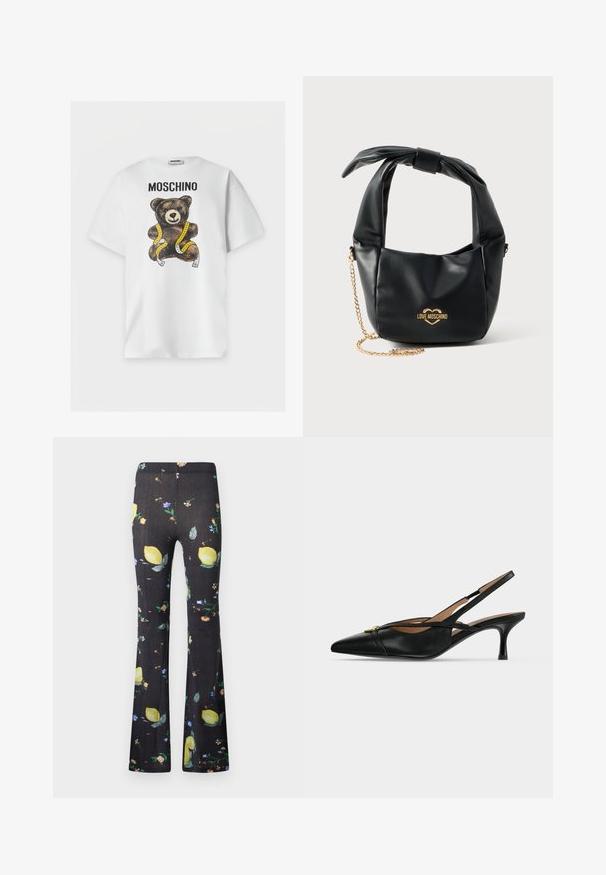 Λευκό κοντομάνικο μπλουζάκι με το κείμενο "MOSCHINO" και ένα καφέ αρκουδάκι τυλιγμένο με κίτρινη μεζούρα στο μπροστινό μέρος.; Μαύρο καμπάνα παντελόνι με πολύχρωμο μοτίβο λεμονιού και μικρά λουλουδάκια διάσπαρτα σε όλο το ύφασμα.; Μαύρο δερμάτινο παπούτσι slingback με μυτερή μύτη, χαμηλό τακούνι kitten και χρυσή αγκράφα μπροστά.; Μαύρη μαλακή δερμάτινη τσάντα Love Moschino με δεμένη λαβή και χρυσή αλυσίδα σε λευκό φόντο.