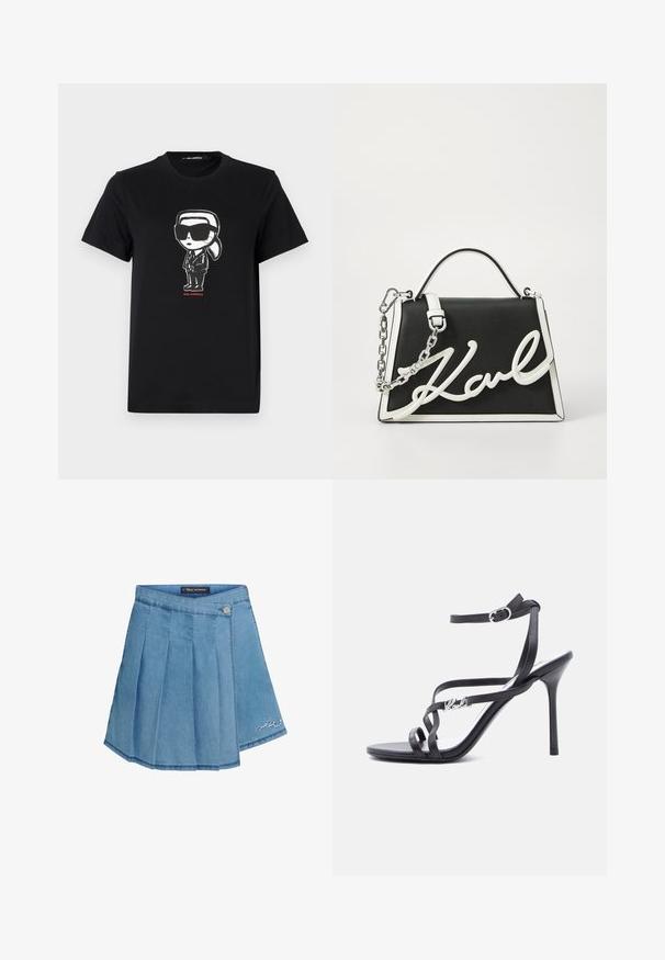 Schwarzes Baumwoll-T-Shirt mit einem Grafikmotiv einer Figur in Sonnenbrille und Anzug. Einfaches Rundhals-Design mit kurzen Ärmeln. Roter Text darunter.; Jeansrock in Hellblau mit gefaltetem Design, metallischem Knopfverschluss und gesticktem Detail am Saum. Glatte Textur und A-Linien-Silhouette.; Schwarze Sandalette mit hohem Absatz, dünnen Riemen, einem Schnallenverschluss am Knöchel und einem Metall-Logodetail am seitlichen Riemen, vor weißem Hintergrund.; Schwarze Ledertasche mit weißen Akzenten. Verfügt über einen Kettenriemen, eine strukturierte Form und ein auffälliges weißes Logo-Detail. Glatte Textur.