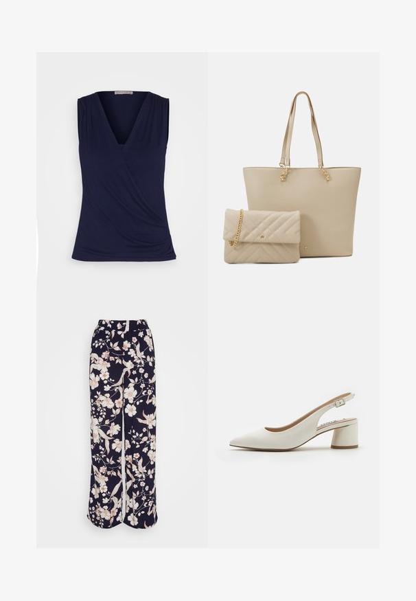 Anna Field Top - dark blue; Anna Field Stoffhose - black/off white/multi coloured; Weiße Leder Slingback-Pumps mit spitzem Zehenbereich, mittelhohem Blockabsatz und verstellbarem Riemen. Sanfte Textur; minimalistisches Design.; Beige Einkaufstasche mit flachen Henkel, glatter Textur und goldenem Zubehör, kombiniert mit einer passenden gesteppten Clutch mit Kettenriemen.