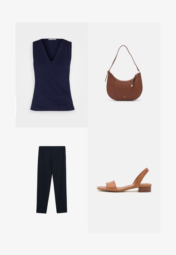 Anna Field Top - dark blue; Schwarze, knöchellange Leggings aus glattem, elastischem Material. Sie haben einen breiten, flachen Bund und keine sichtbaren Nähte oder Verzierungen.; Sandale aus braunem Leder mit einem breiten Zehenriemen, schlankem Slingback und niedrigem Blockabsatz mit Holzstruktur. Glatte Oberfläche über die gesamte Sandale.; Braune Kunstleder-Schultertasche mit geschwungener Form, minimaler Naht und goldfarbener Hardware-Akzent. Verfügt über einen oberen Reißverschluss und einen verstellbaren Trageriemen.