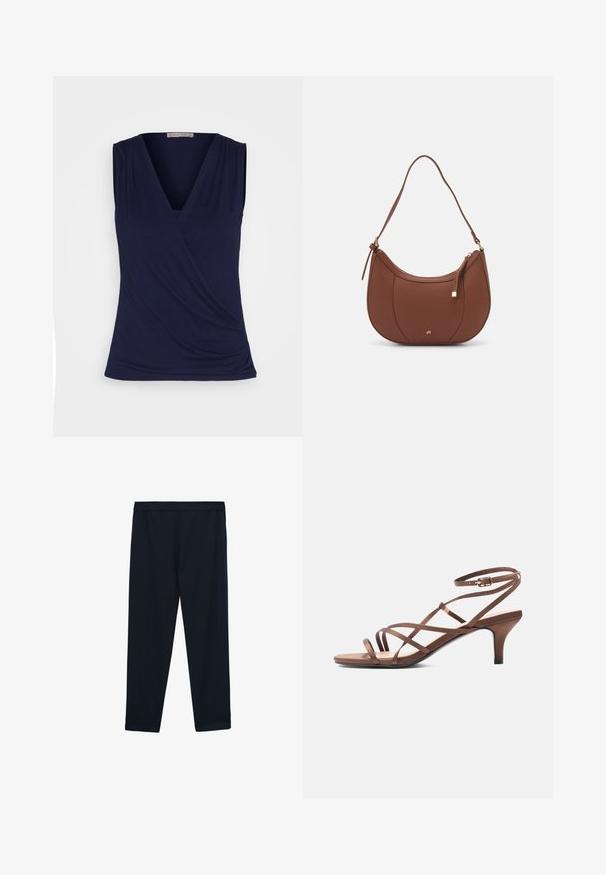 Anna Field Top - dark blue; Zwarte, enkellange leggings gemaakt van gladde, rekbare stof. Heeft een brede, platte tailleband en geen zichtbare naden of versieringen.; Bruine sandaal met dunne bandjes, enkelriempje met gesp en hak van gemiddelde hoogte, zijaanzicht op een witte achtergrond.; Bruine faux leren schoudertas met een gebogen vorm, minimale stiksels en een gouden hardware-accent. Voorzien van een bovenste ritsluiting en een verstelbare schouderband.